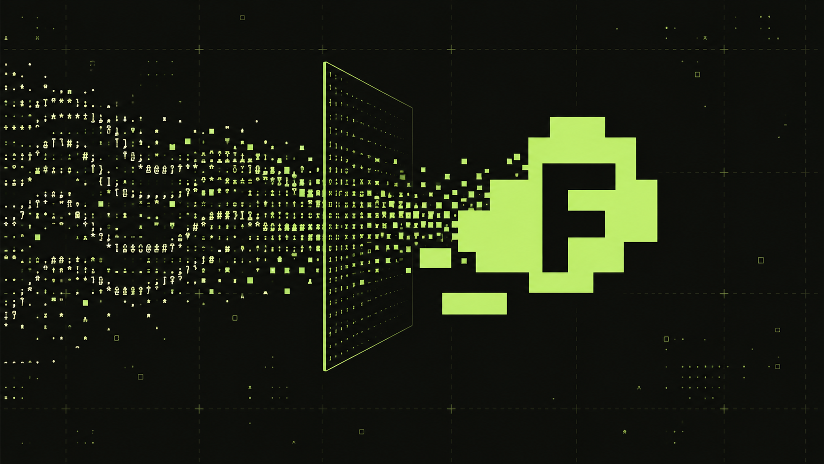ASCII characters flowing through a terminal plane into the FARTPAD gas symbol with an F.